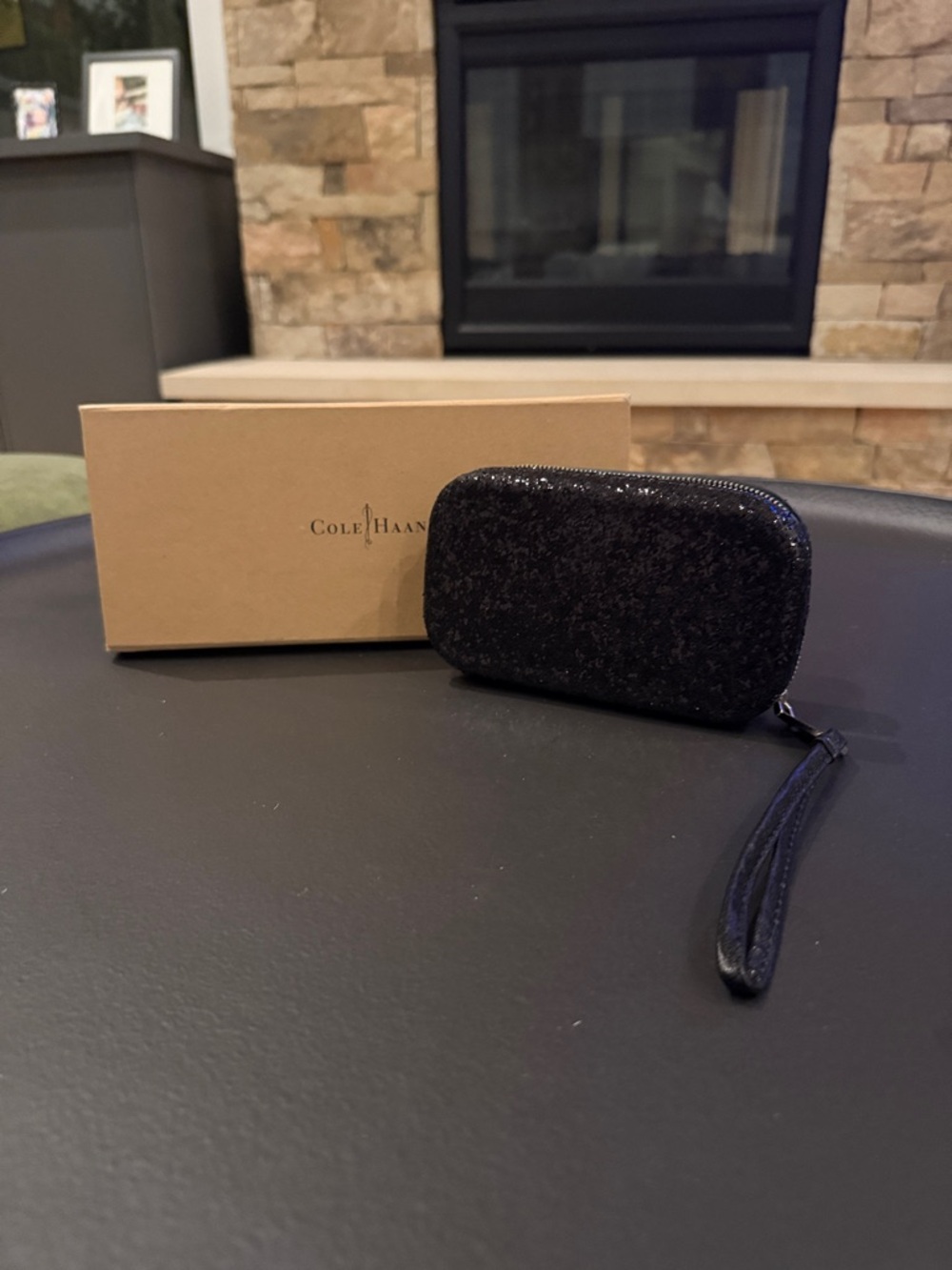 Cole Haan Black Glitter Wristlet Pouch with Strap